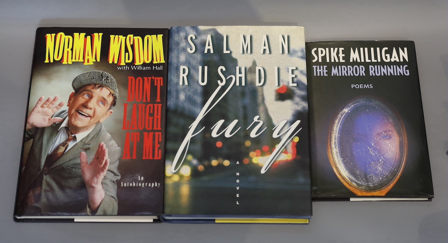 Modern signed 1st editions: Oliver, Jamie, - The Naked Chef, with d/j, 1999; Cartland, Barbara - Scapbook, paperback, 2005; Rushdie, Salman - Fury, with d/j, 2001; Wisdom, Norman - Don’t Laugh at Me, with d/j, 1992; Mill